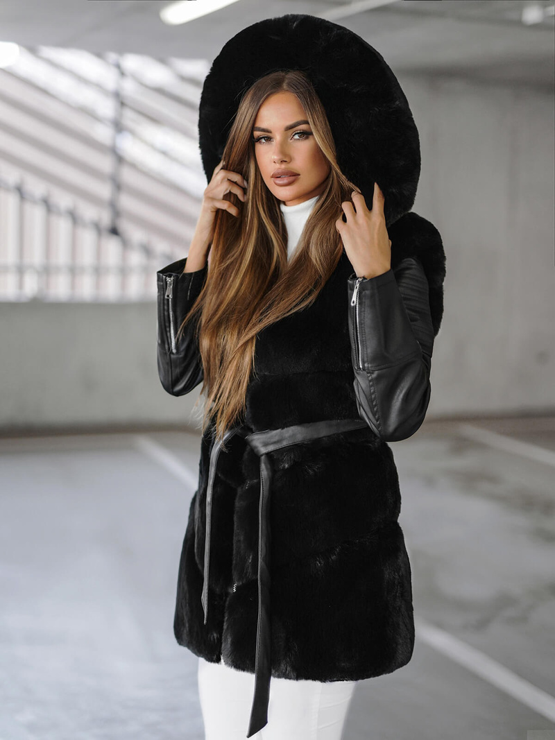 Kurtka zimowa damska z futerkiem czarna OZONEE JS/11Z8090Z