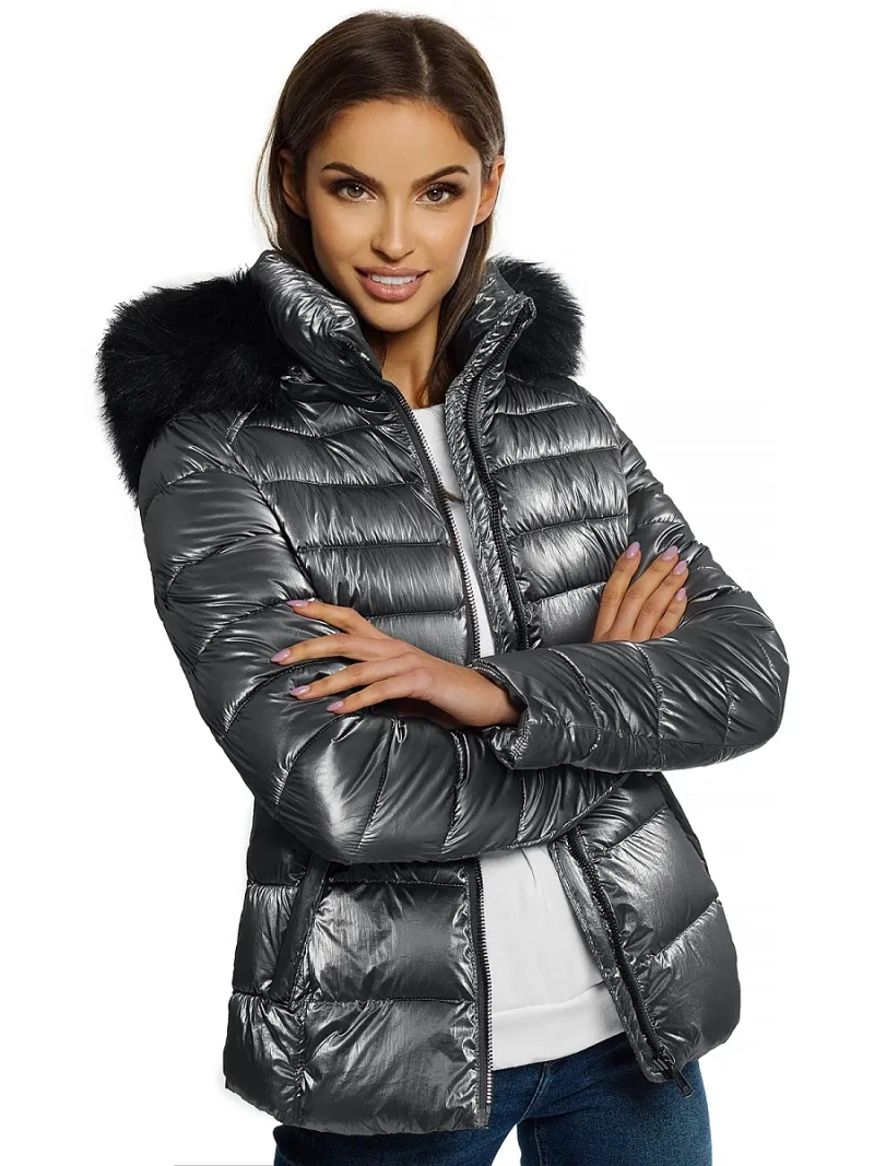 Kurtka zimowa damska z futerkiem srebrna OZONEE O/DK030/45
