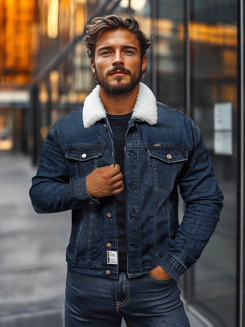 Kurtka męska jeansowa sherpa granatowa OZONEE NB/MJ517BS