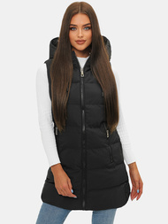 Kamizelka damska długa pikowana z kapturem czarna OZONEE N/7046