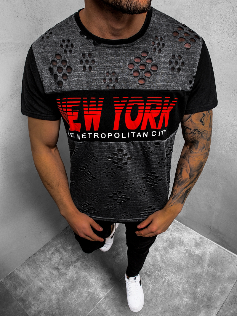 T-Shirt męski z nadrukiem czarny OZONEE JS/KS2082Z