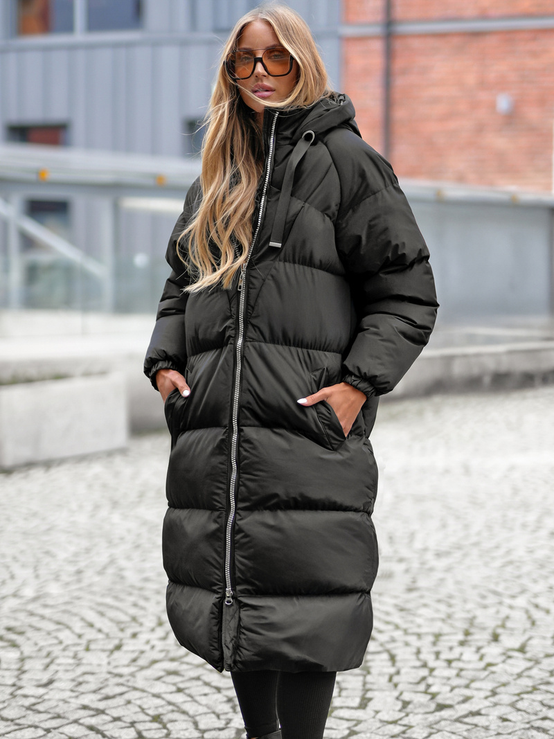 Kurtka zimowa damska długa pikowana czarna OZONEE JS/5M3163/392Z