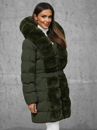 Kurtka zimowa damska długa z futerkiem ciemno-zielona OZONEE JS/5M3158/136