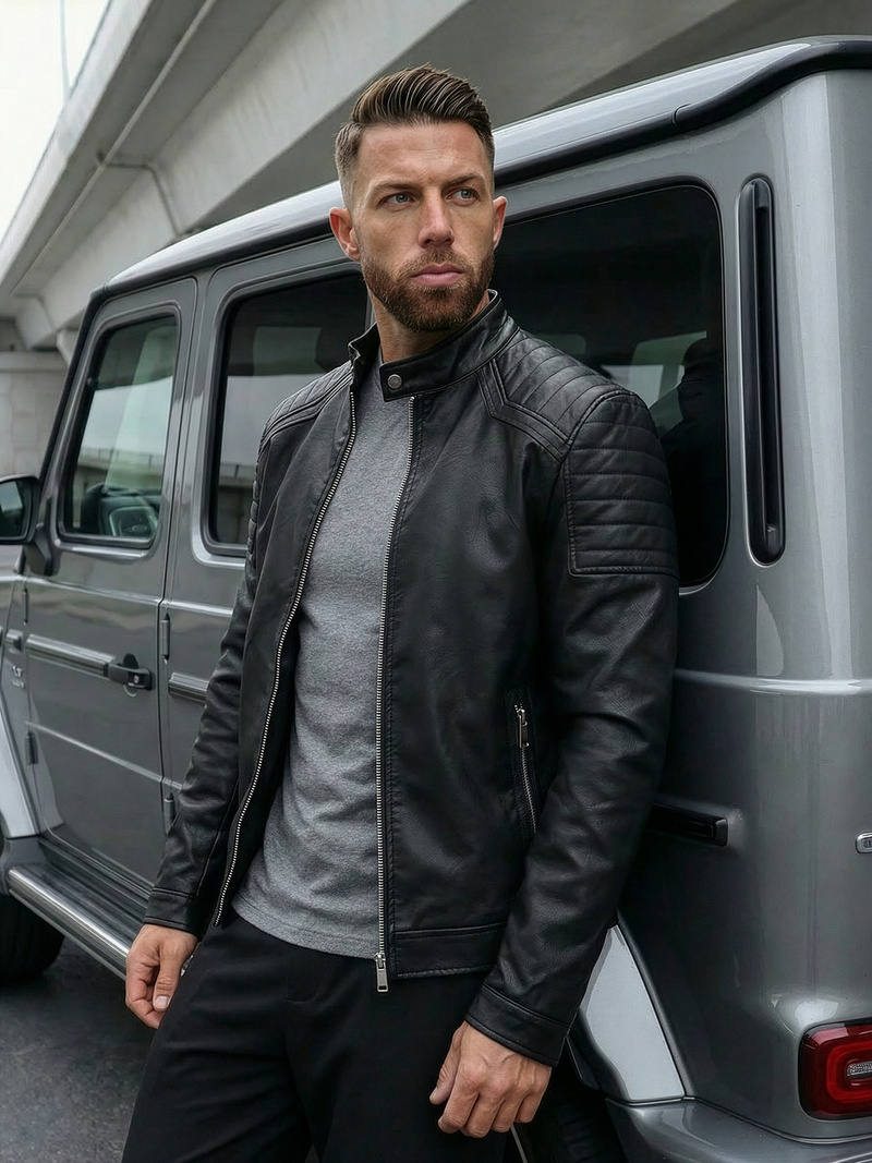 Чоловіча шкіряна куртка Чорна OZONEE JS/11Z8139