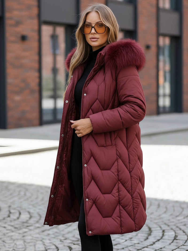 Kurtka zimowa damska z futerkiem bordowa OZONEE JS/5M3229/1