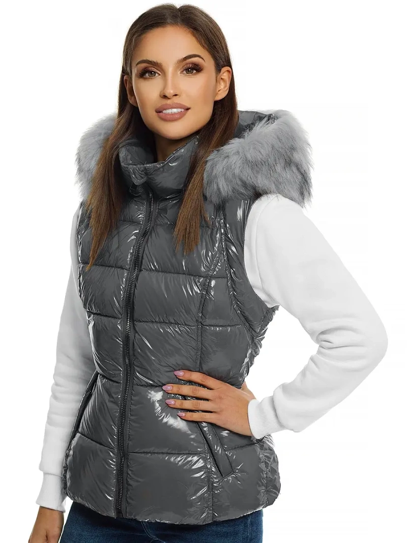 Kamizelka damska pikowana z futerkiem szara OZONEE O/DK027/24