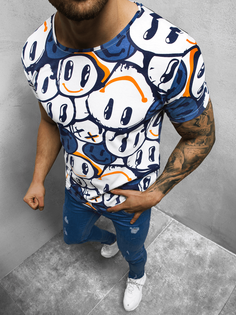 T-Shirt męski z nadrukiem biało-granatowy OZONEE O/BL58