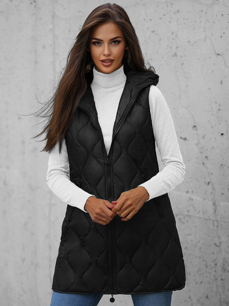 Kamizelka damska długa pikowana z kapturem czarna OZONEE O/H928/1Z