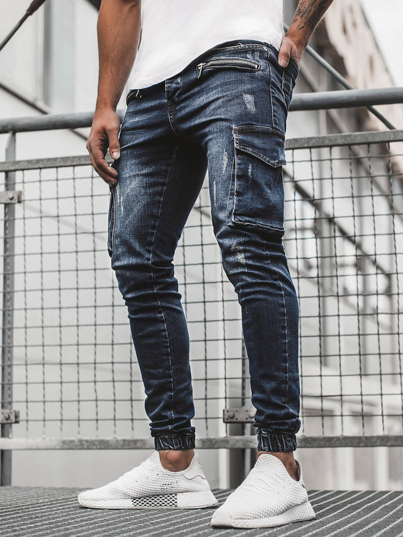 Spodnie jeansowe joggery męskie ciemno-niebieskie OZONEE G/3002