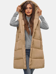 Kamizelka damska długa pikowana z kapturem beżowa OZONEE O/81266