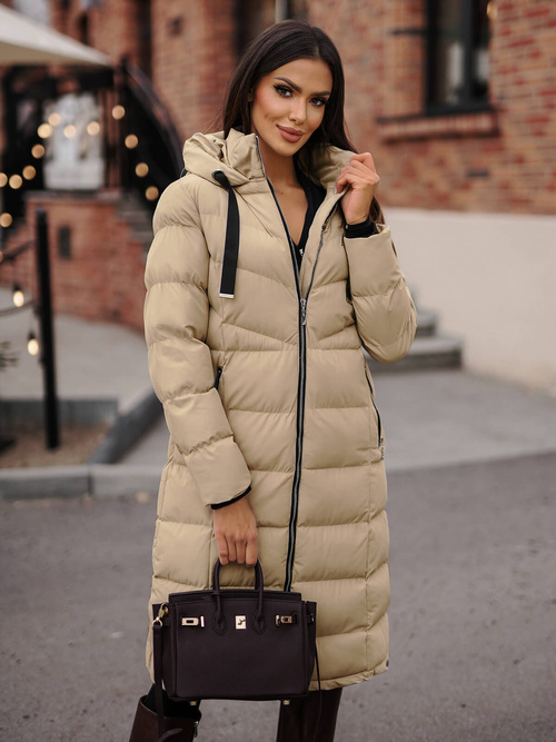 Kurtka zimowa damska długa pikowana beżowa OZONEE JS/M736/62Z