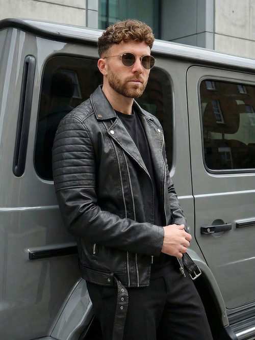 Чоловіча шкіряна куртка Чорна OZONEE JS/11Z8069