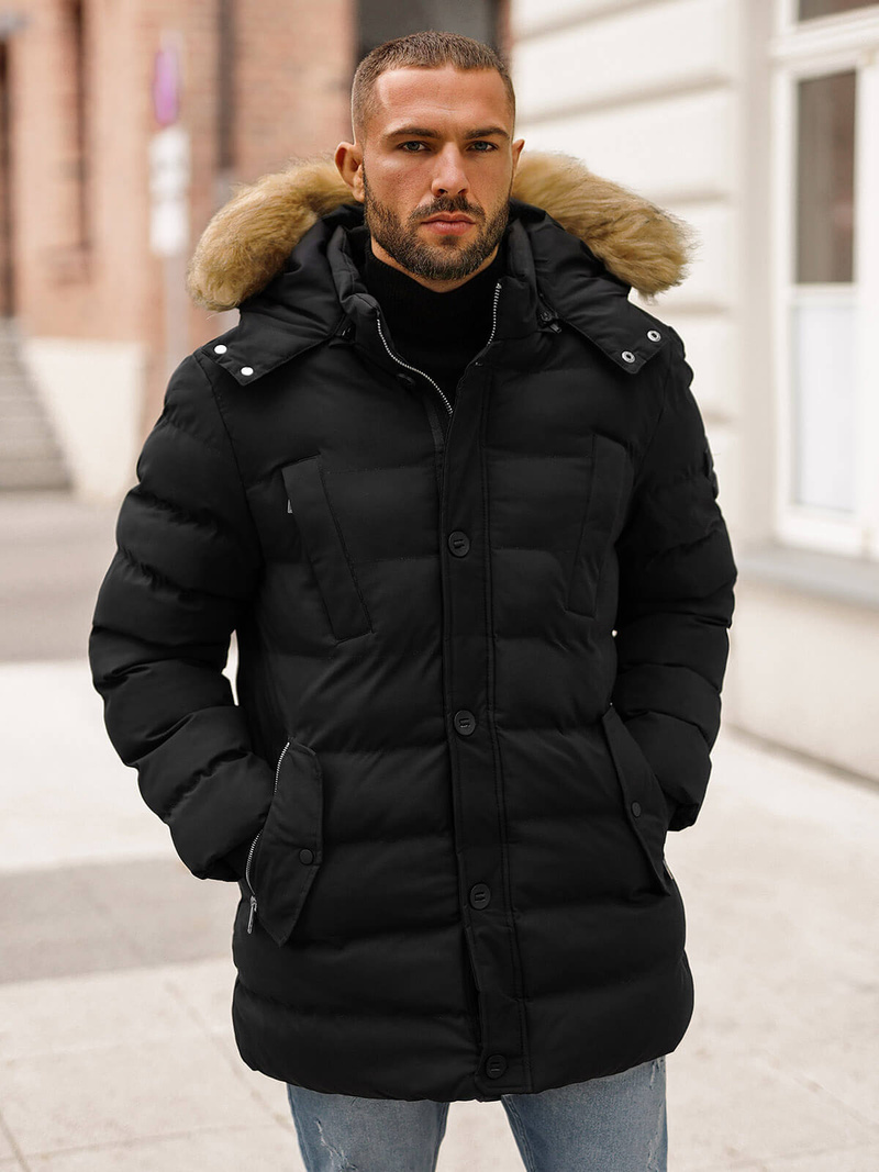 Kurtka zimowa męska pikowana z futerkiem czarna OZONEE JS/5M3122/392Z