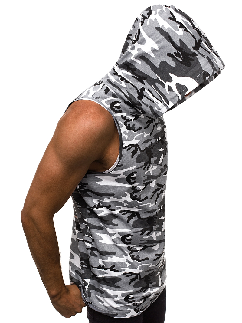 Koszulka bez rękawów z kapturem męska biało-szary-moro OZONEE O/2537