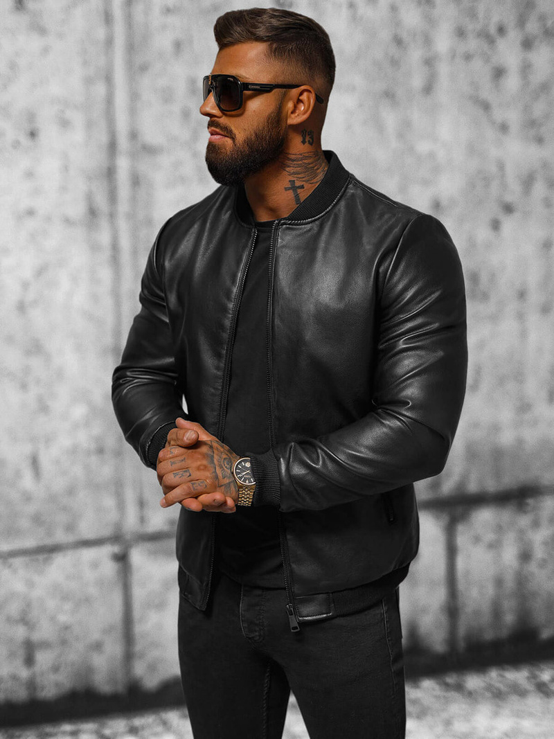 Чоловіча шкіряна куртка Чорна OZONEE JS/11Z8107