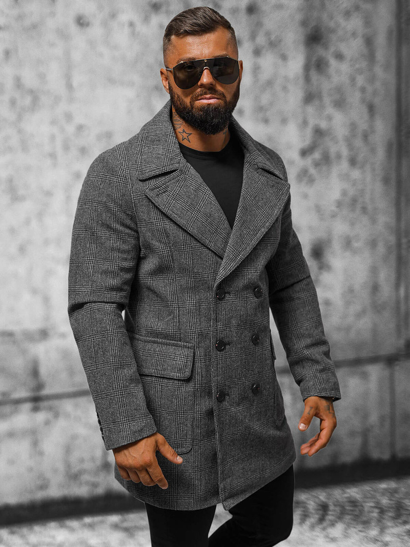 Płaszcz męski w kratę grafitowy OZONEE JS/JP1191Z