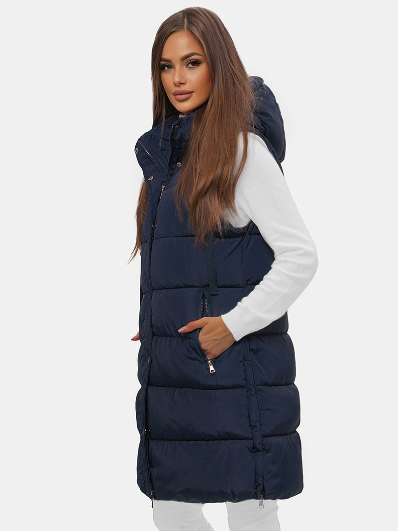 Kamizelka damska długa pikowana z kapturem granatowa OZONEE O/81276