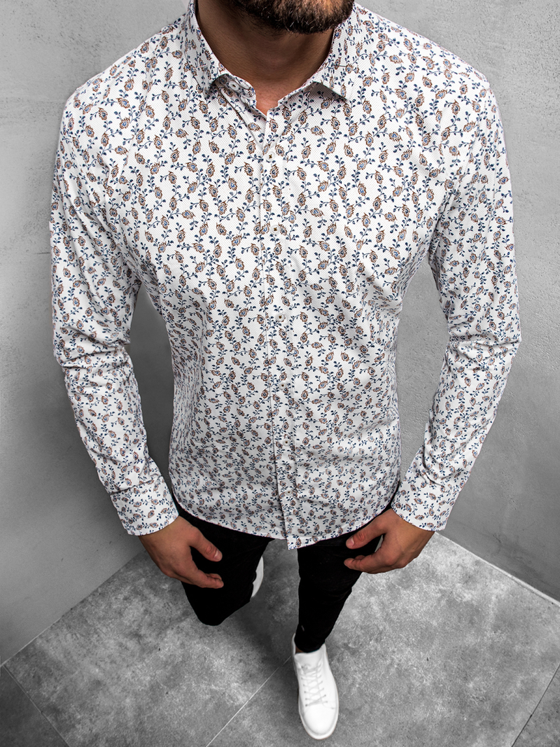 Elegancka koszula męska we wzory długi rękaw biała OZONEE O/3010/18