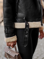 Kurtka skórzana damska z kożuchem czarno-beżowa OZONEE JS/11Z8177