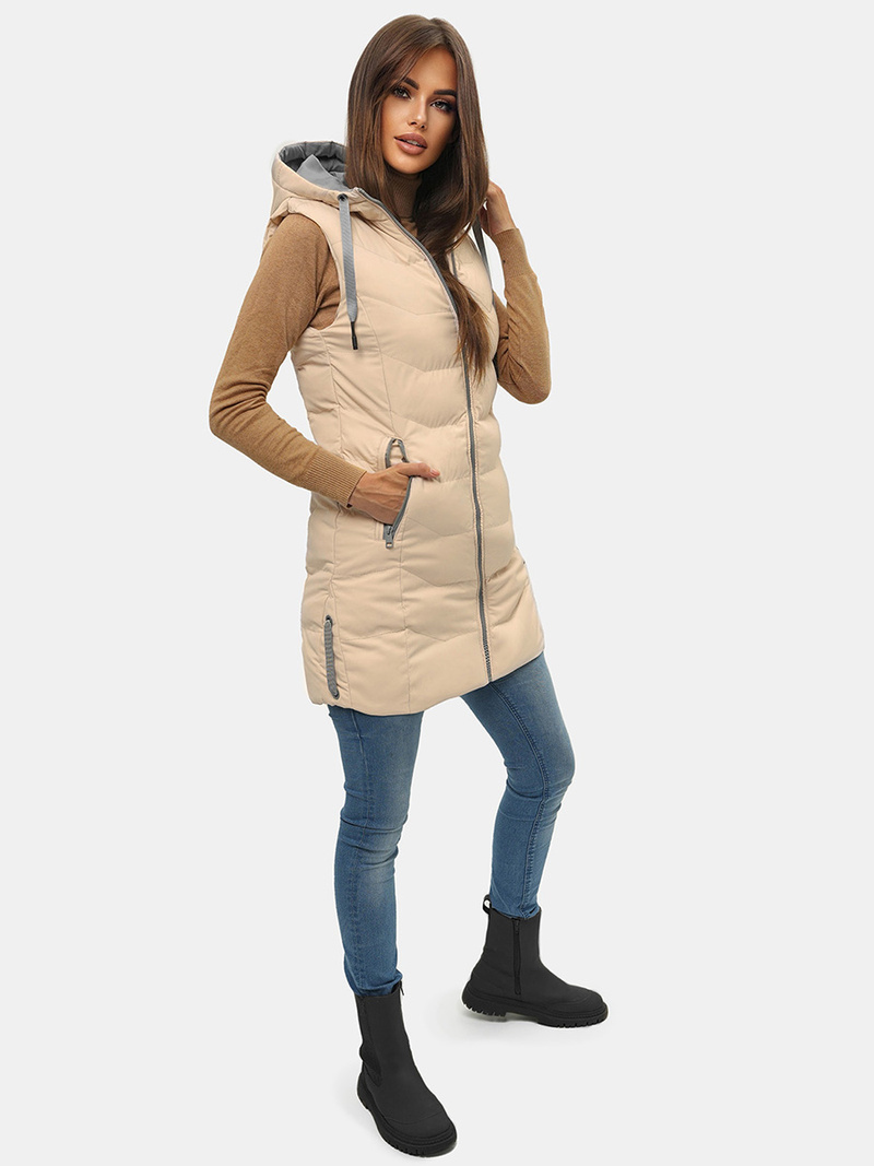 Kamizelka damska długa pikowana z kapturem beżowa OZONEE N/7042