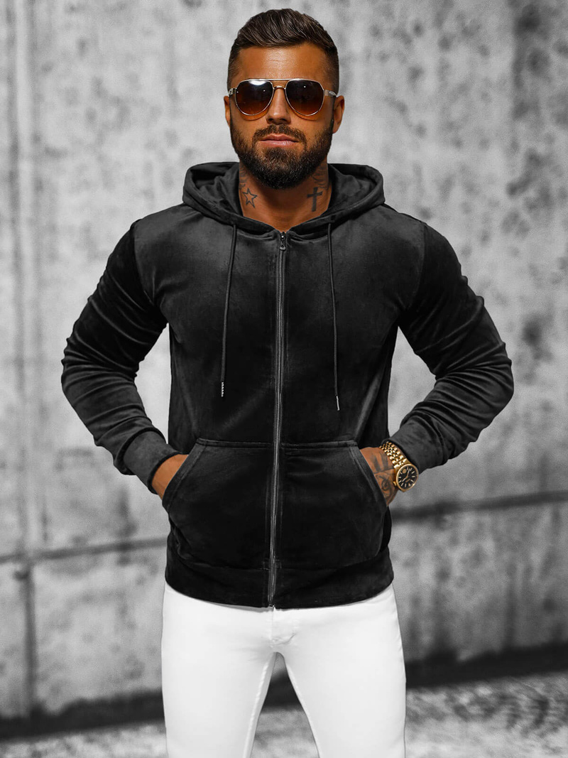 Bluza welurowa męska z kapturem czarna OZONEE JS/8B1168/3