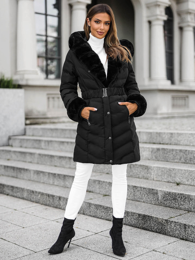 Kurtka zimowa damska długa z futerkiem czarna OZONEE JS/5M3156/392Z