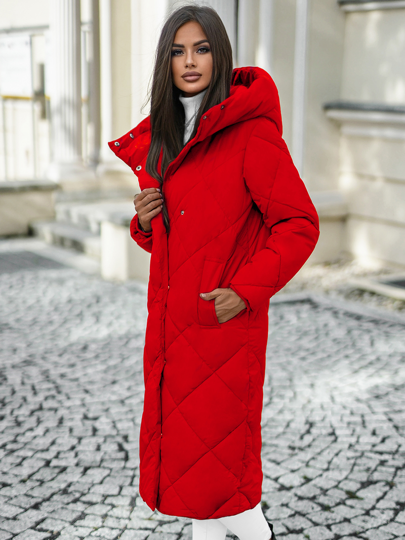 Kurtka zimowa damska długa pikowana czerwona OZONEE JS/5M3173/270Z