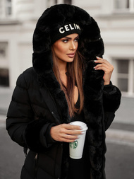 Kurtka zimowa damska długa z futerkiem czarna OZONEE JS/5M3156/392Z