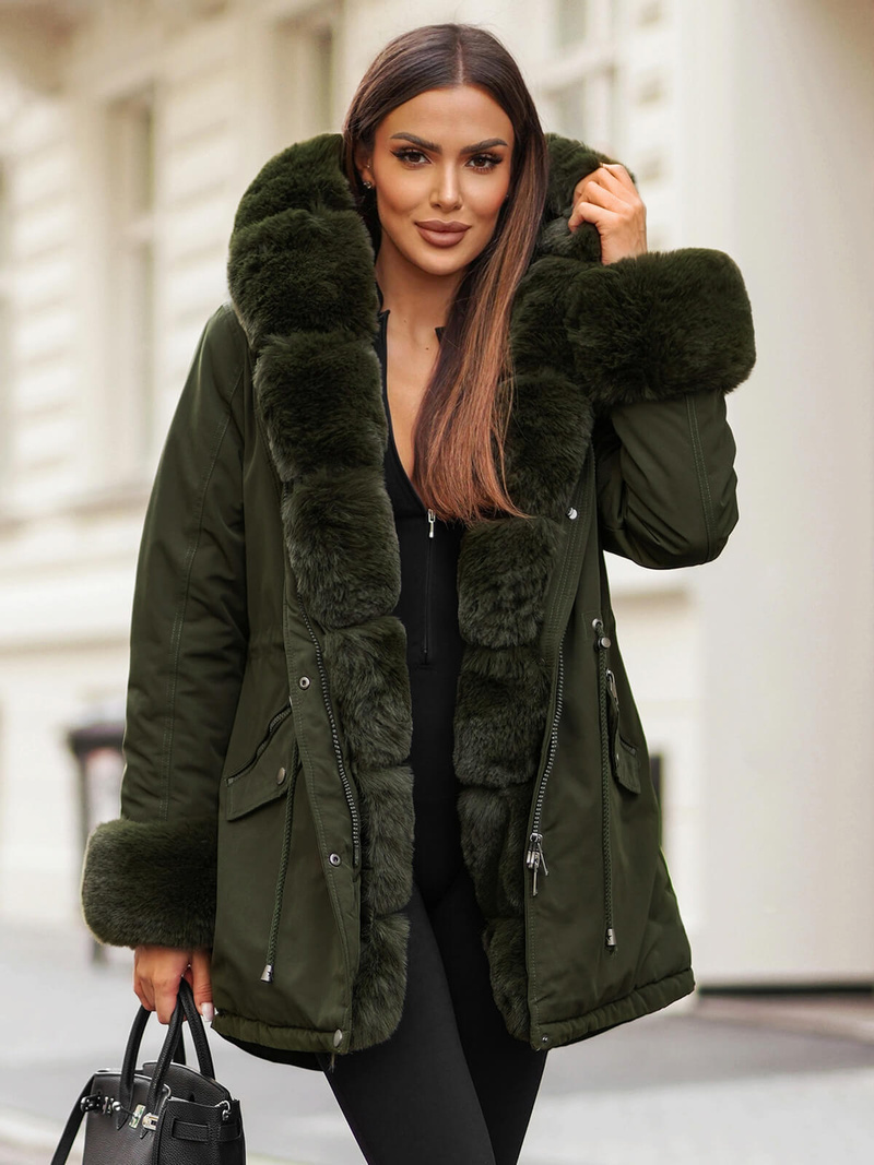 Kurtka zimowa damska z futerkiem zielona OZONEE JS/16M9062/136Z