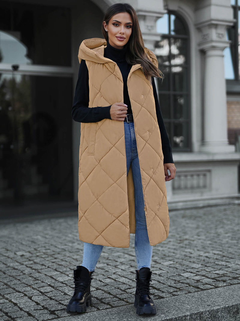 Kamizelka damska długa pikowana camelowa OZONEE JS/5M3165/84Z