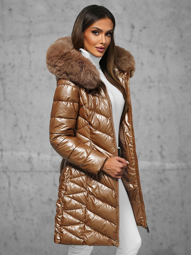 Kurtka zimowa damska długa z futerkiem camelowa OZONEE JS/16M9100/84