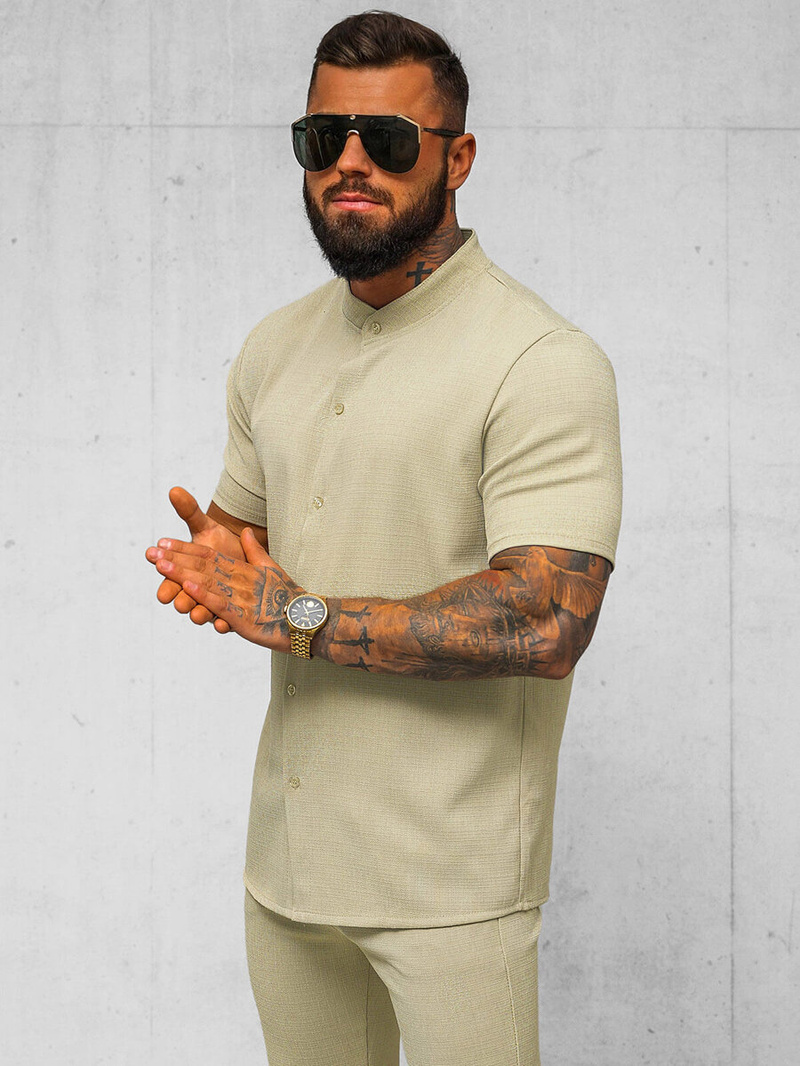 Koszula męska z krótkim rękawem beżowa OZONEE O/Y972T