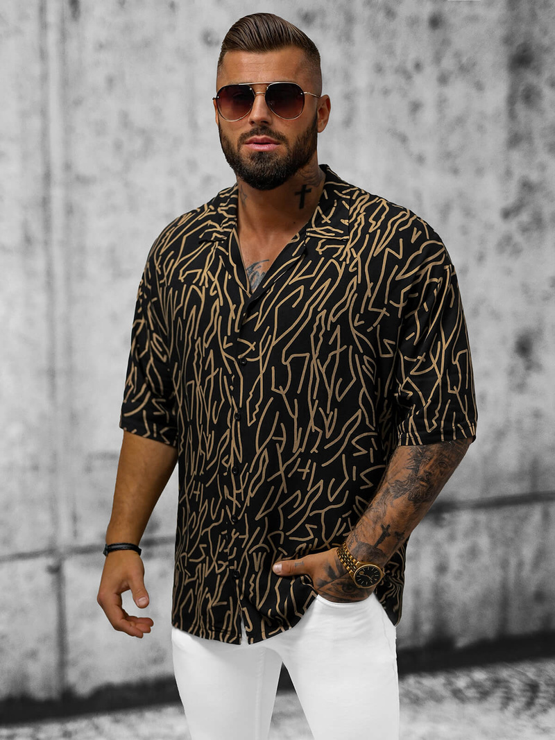 Koszula męska oversize z krótkim rękawem czarna OZONEE O/22202010