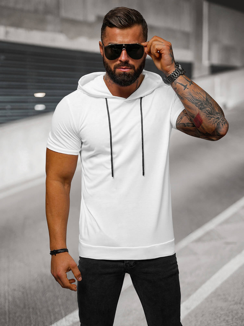 T-shirt męski z kapturem biały OZONEE JS/8T955/1