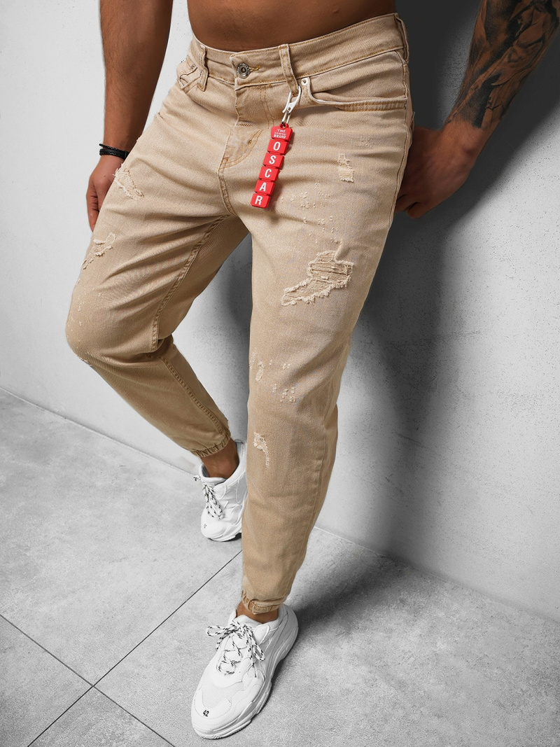 Spodnie jeansowe joggery męskie beżowe OZONEE DO/6058