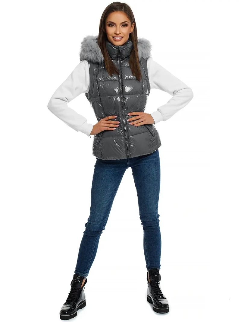 Kamizelka damska pikowana z futerkiem szara OZONEE O/DK027/24