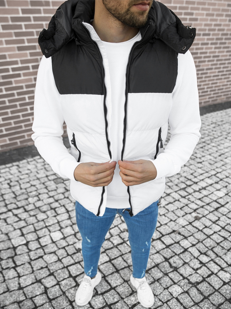 Kamizelka męska pikowana z kapturem biało-czarna OZONEE JS/M1189/281