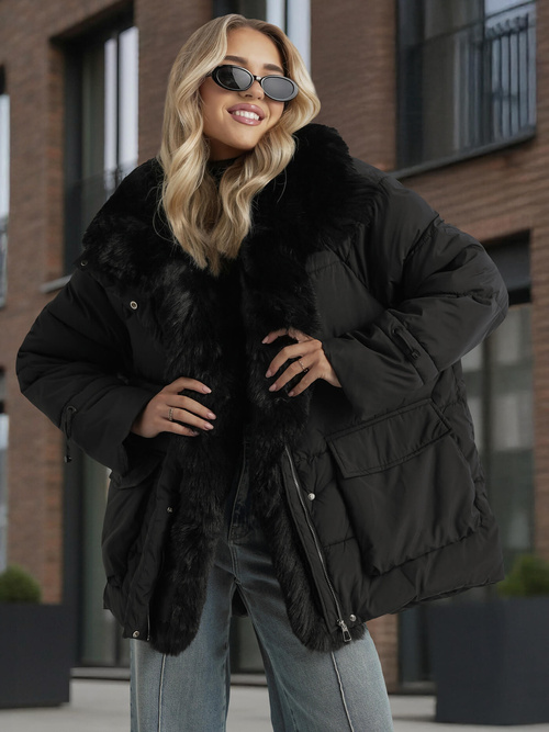 Kurtka zimowa damska z futerkiem czarna OZONEE JS/16M9185/392