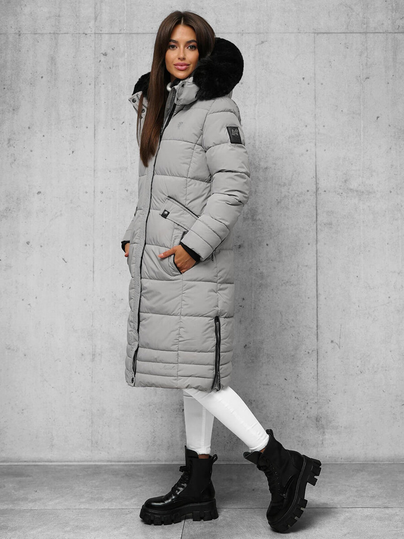 Kurtka zimowa damska długa pikowana szara OZONEE O/W377