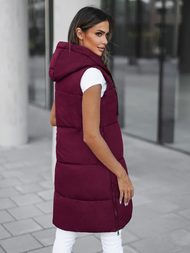 Kamizelka damska długa pikowana z kapturem bordowa OZONEE JS/16M9093/06