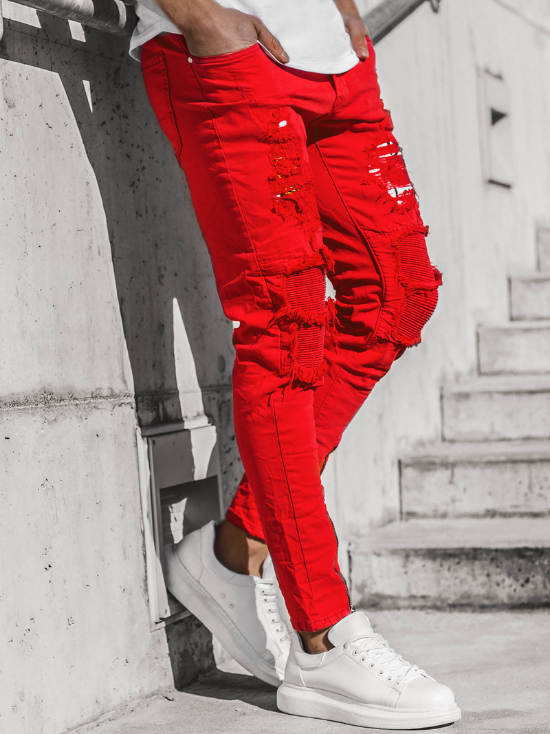 Spodnie męskie jeans czerwone OZONEE T/82015