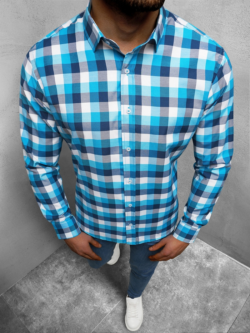 Koszula męska w kratę niebieska OZONEE O/1322