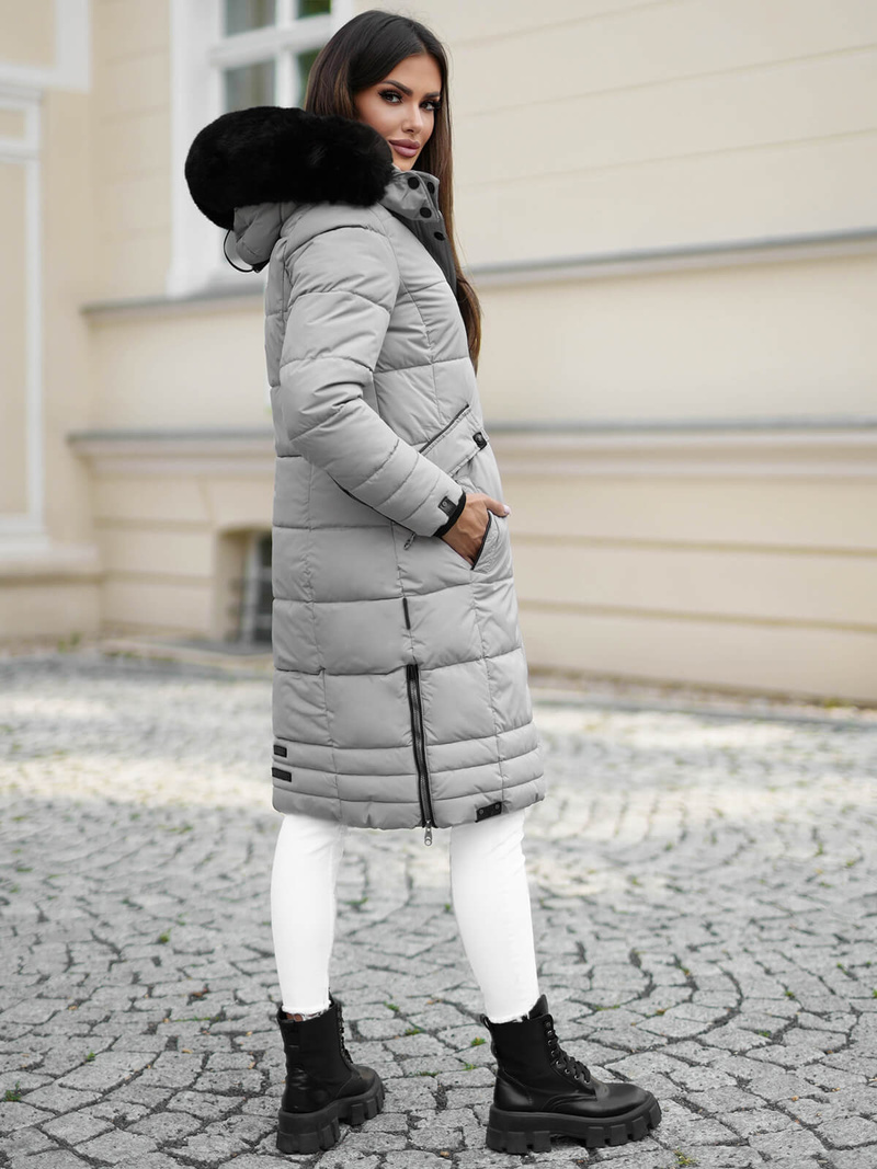 Kurtka zimowa damska długa pikowana szara OZONEE O/W377Z