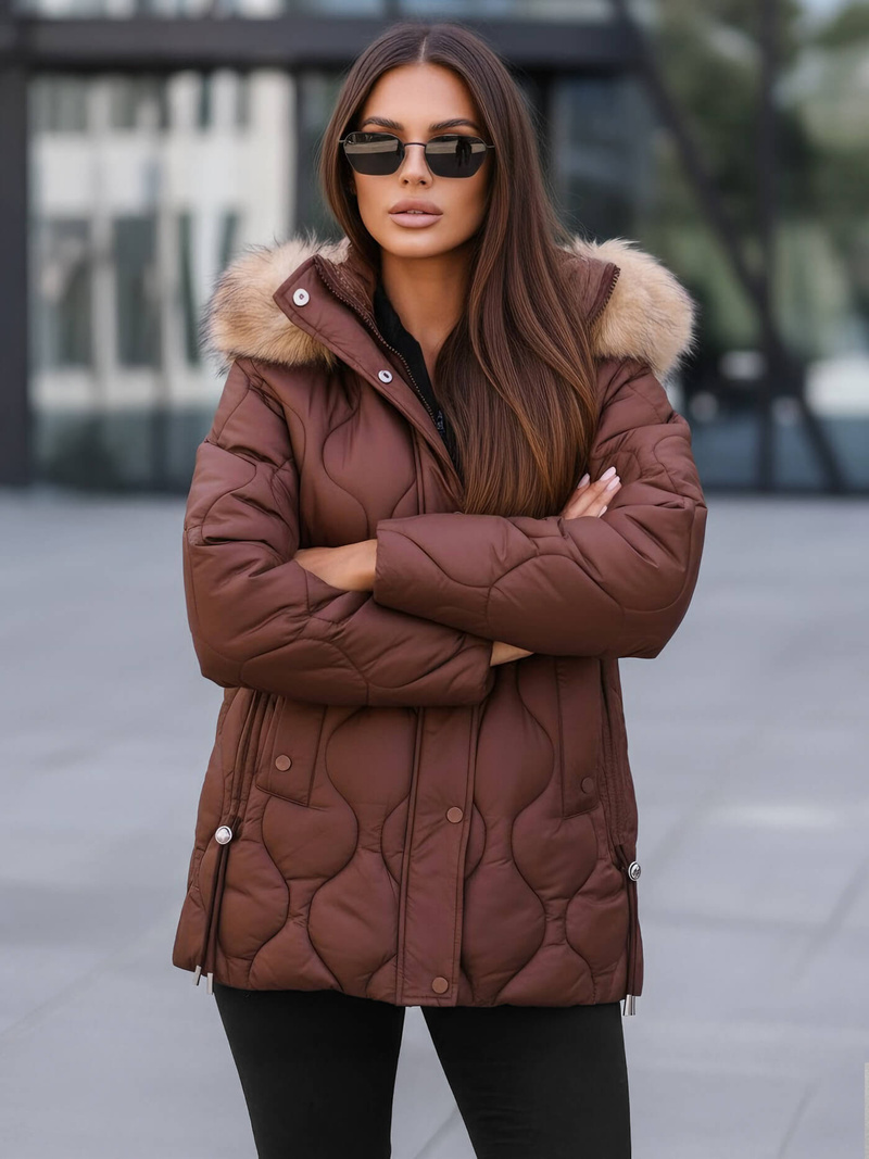 Kurtka zimowa damska z futerkiem czekoladowa OZONEE JS/5M3226/158Z