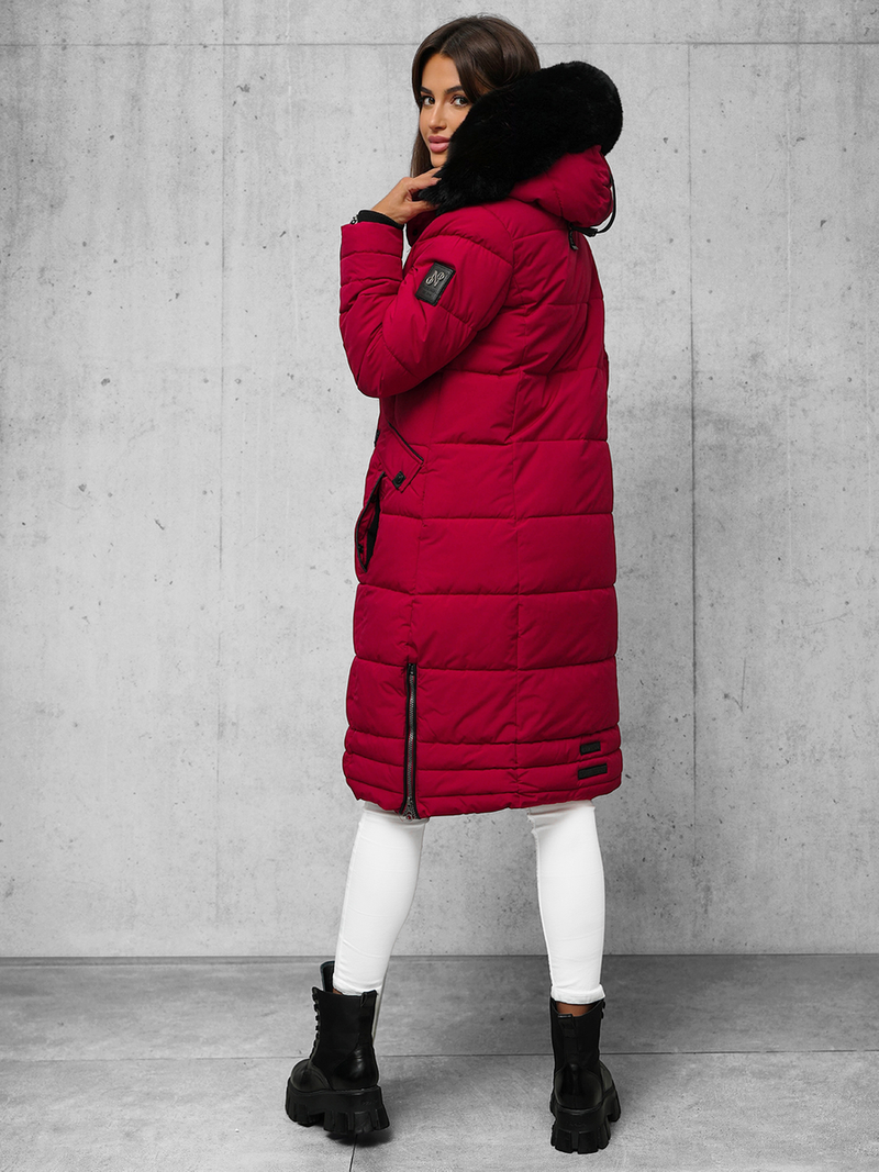 Kurtka zimowa damska długa pikowana ciemno-czerwona OZONEE O/W377