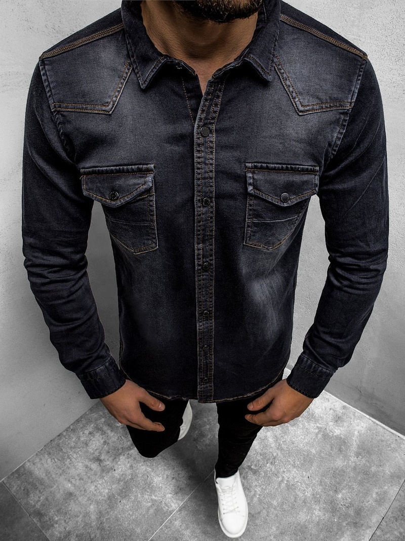 Koszula męska jeansowa czarna OZONEE O/3177