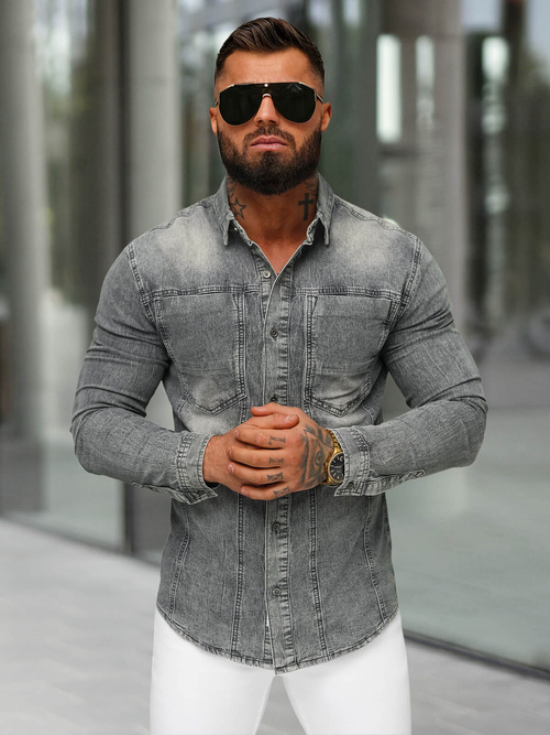 Koszula męska jeansowa szara OZONEE NB/MC712GZ