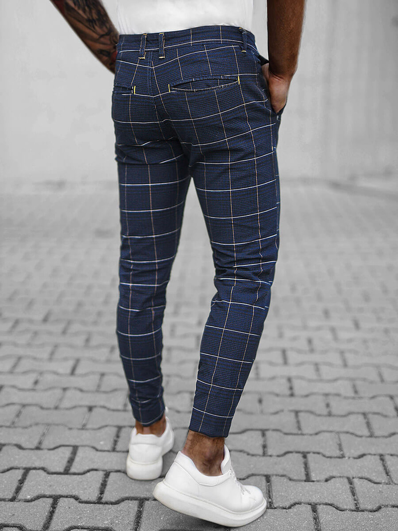 Spodnie męskie chino materiałowe w kratę granatowe OZONEE O/H6003