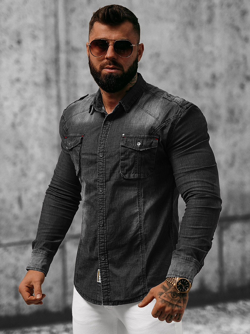 Koszula męska jeansowa czarna OZONEE NB/MC701NZ