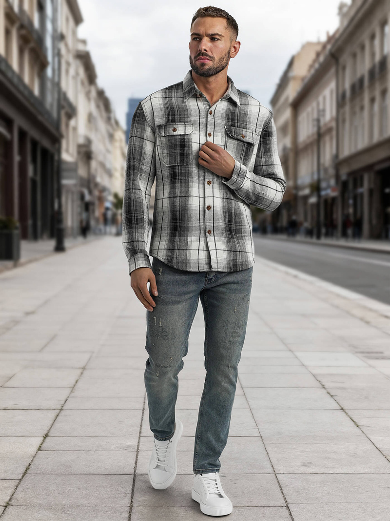 Koszula flanelowa męska w kratę czarno-biała OZONEE NB/MC728N/4